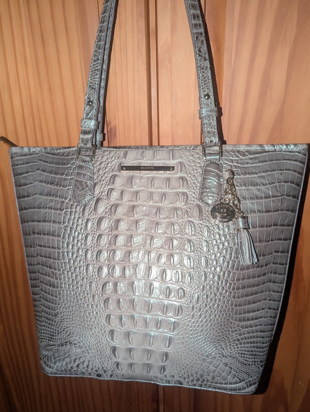 Brahmin Medium Asher Metallic Croc-Embossed Tote in Shimmering Taupe